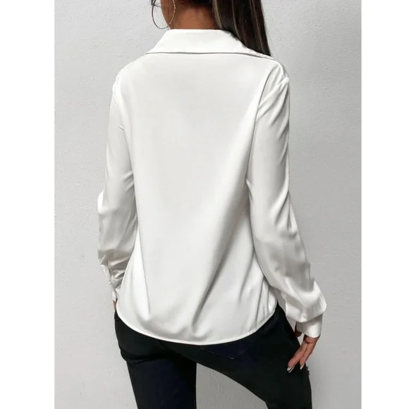 Twist Front White Office Shirt Long Sleeve Collar Neckline V-Neck - Picture 2 of 10